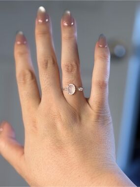 White Chalcedony Adjustable Ring Minimalist Silver Tone Dainty Ring